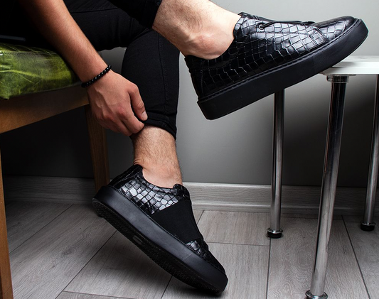 LIZZIO-Black Croco Rebel Leather Sneakers