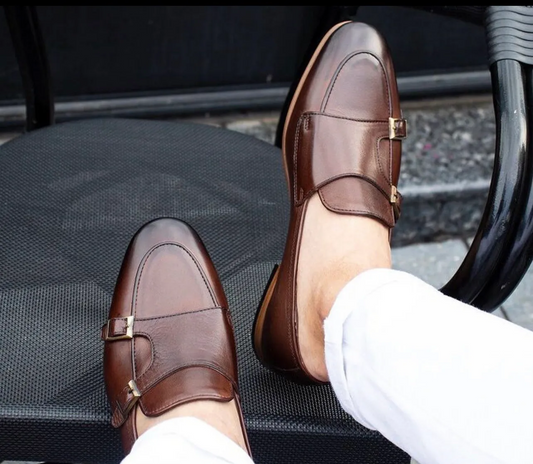 LIZZIO-Coffee Brown Saturn Leather Monks Loafers