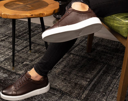 LIZZIO-Coffee Brown Waze Leather Men Sneakers