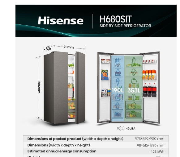 Hisense H680SIT | 543L Side By Side Refrigerator