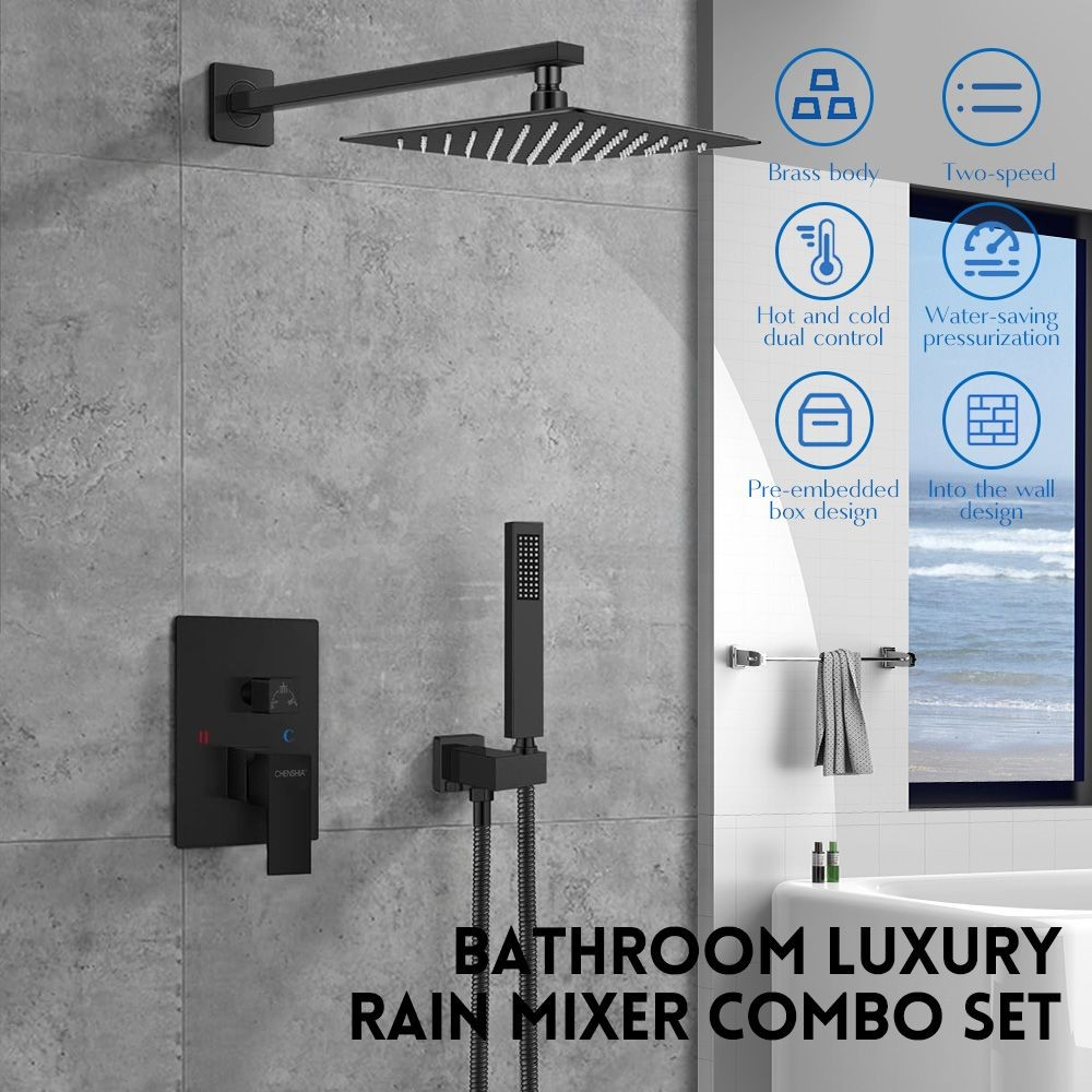 Chenshia 25cm Square Shower Heads-Square Arm,Valve Body &Square Mixer Black