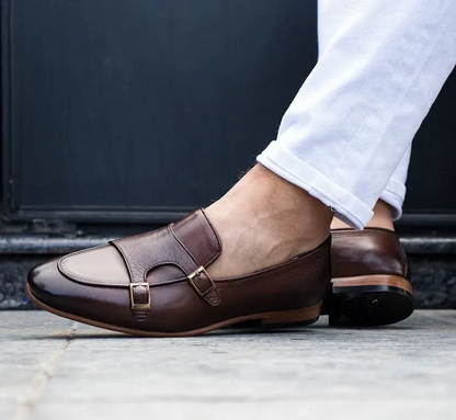 LIZZIO-Coffee Brown Saturn Leather Monks Loafers