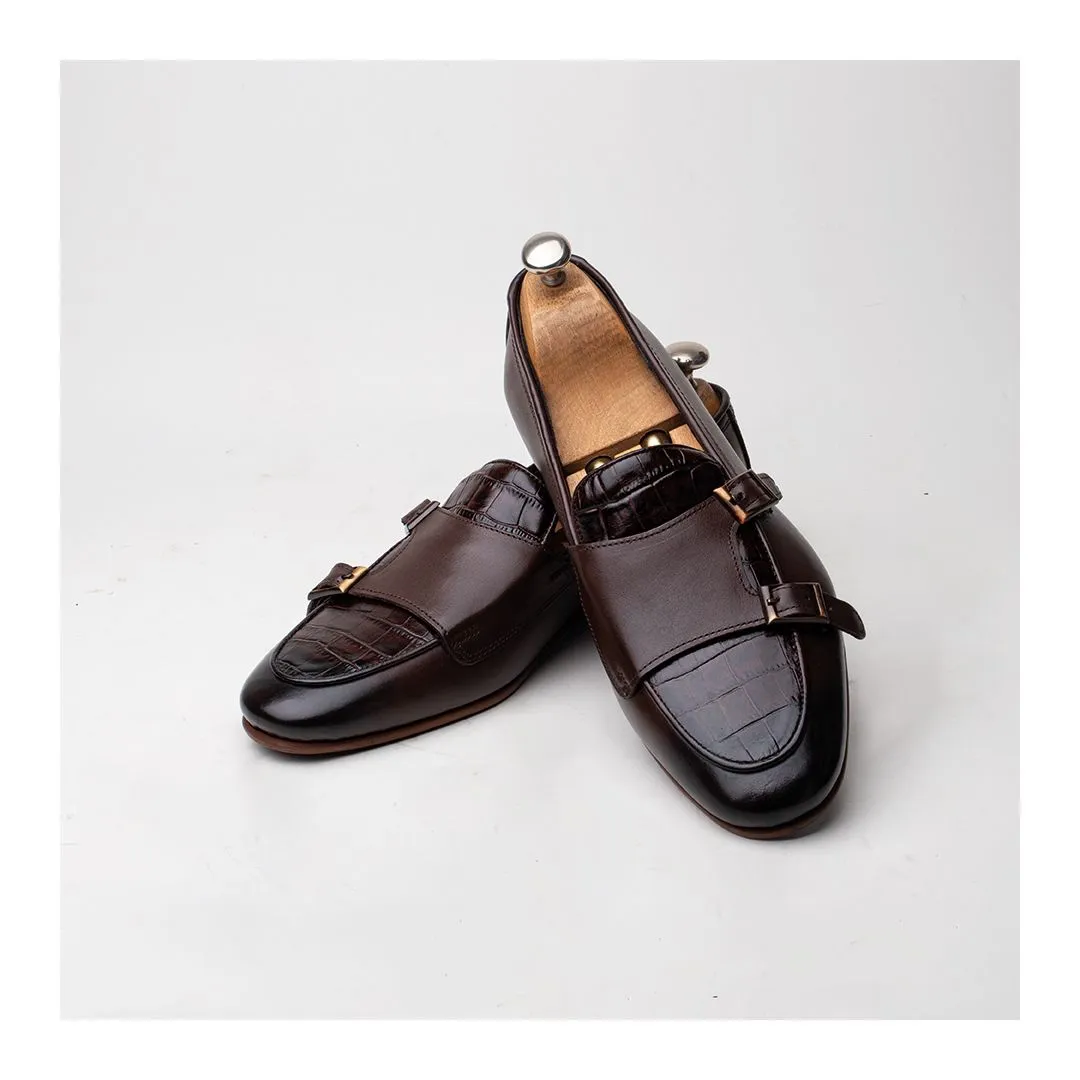 LIZZIO-Coffee Brown Saturn Croco Leather Double Buckle Monk