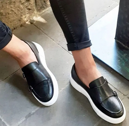 LIZZIO-Black Space Buckle Leather Loafer