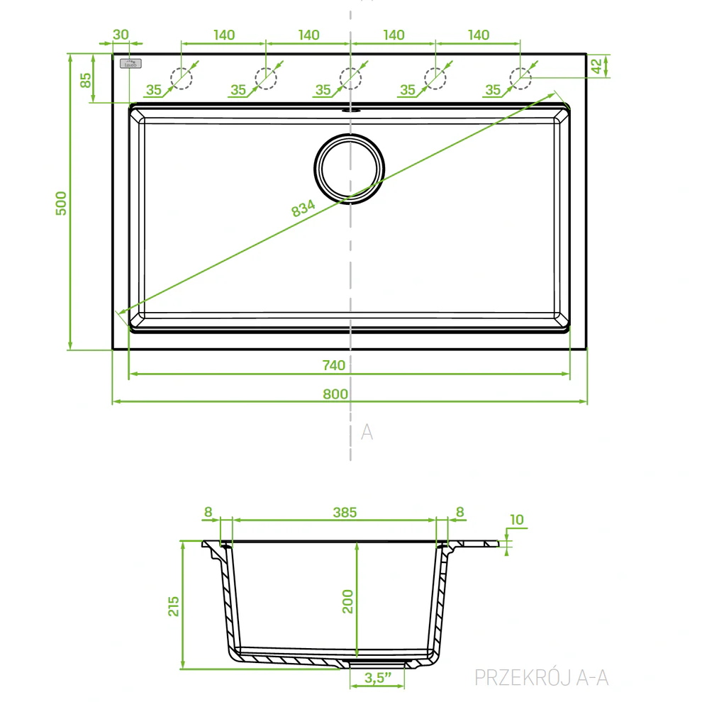 Granite Sink 1 Bowl 800mm - Black