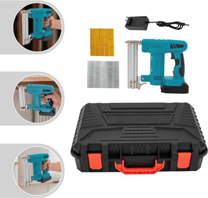 10 Pc Wireless Nail Gun With 2 Battery Packs, Nails, Staples, Case & Gloves