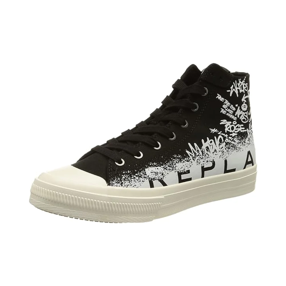 Replay Mens Snap Graffiti Hight Shoes Black And White