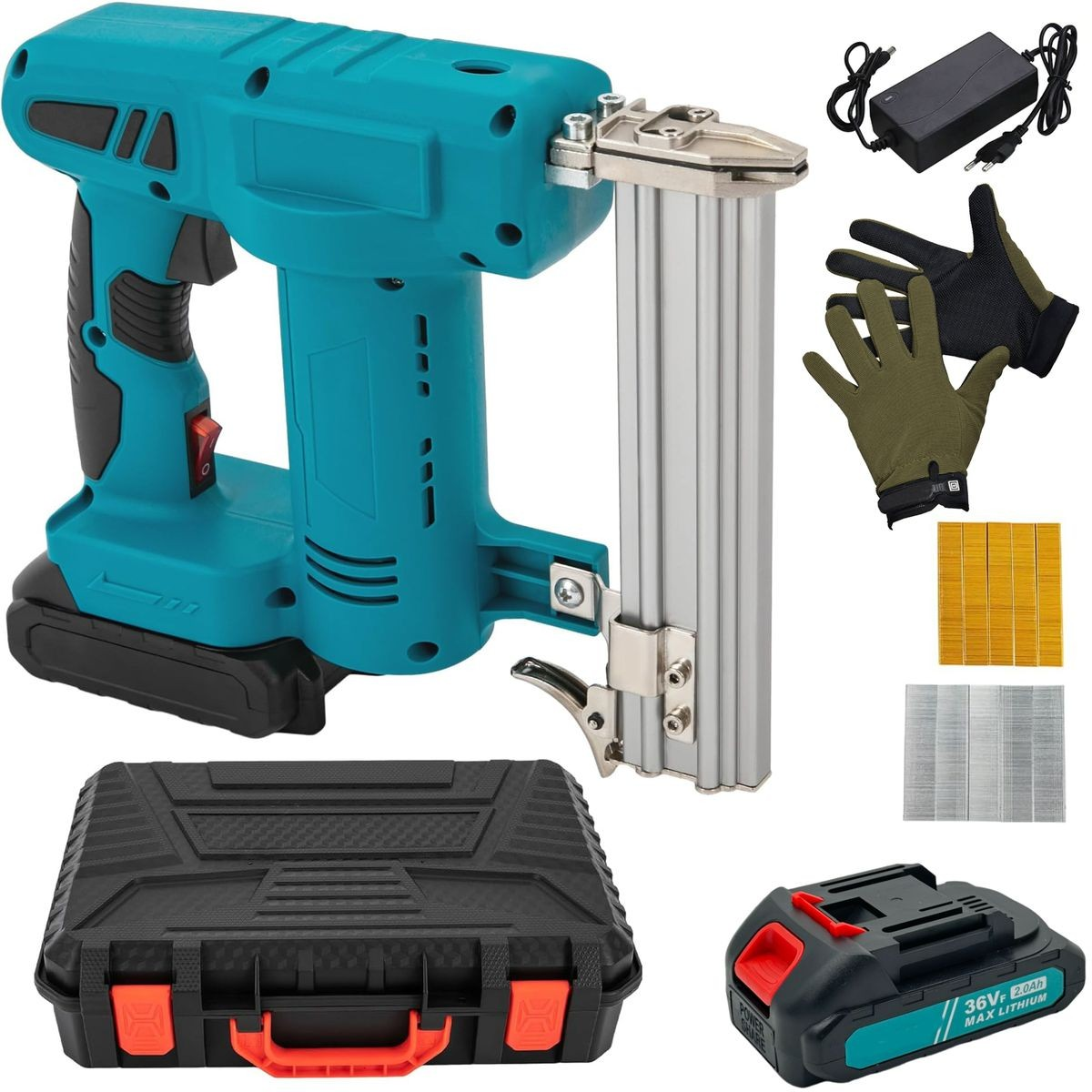 10 Pc Wireless Nail Gun With 2 Battery Packs, Nails, Staples, Case & Gloves