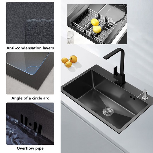 Stainless Steel Single Bowl Kitchen Sink with Drain Basket-Black