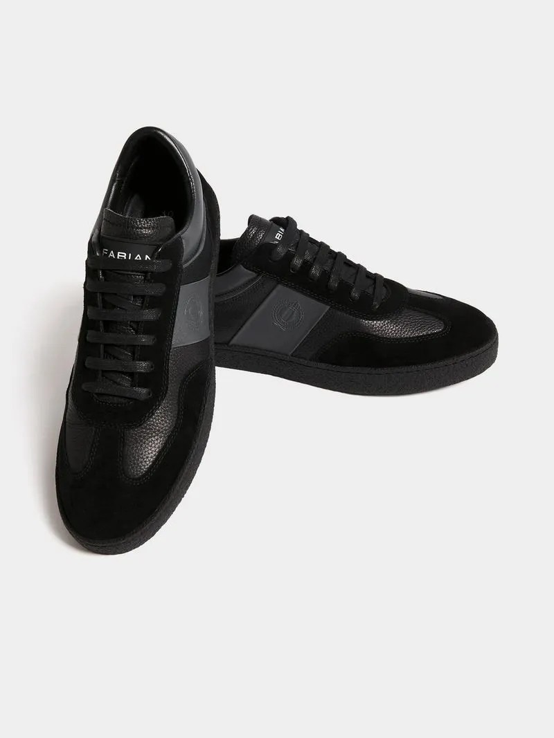 Fabiani Men's Black Leather Side Stripe Retro Court Sneaker