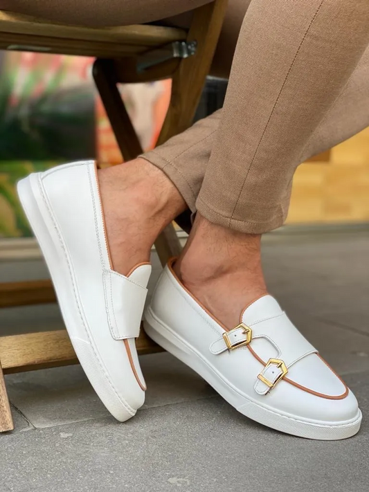 LIZZIO-White Space 2.0 Double Buckle Leather Loafers