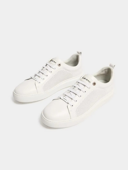 Fabiani Men's Leather Pinpunch White Court Sneakers