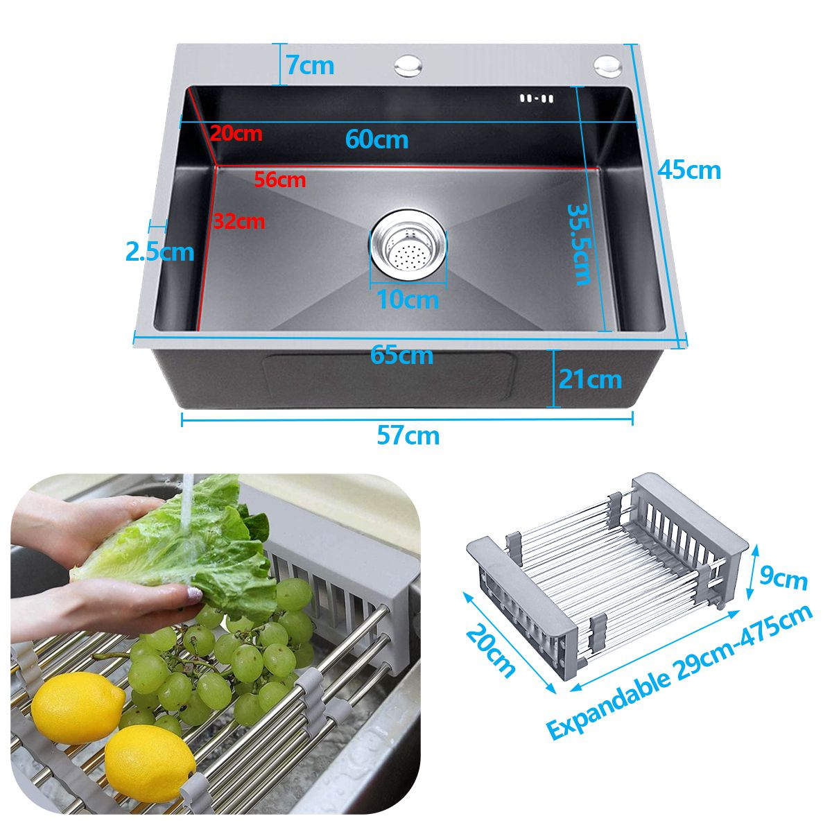 Stainless Steel Single Bowl Kitchen Sink with Drain Basket-Silver