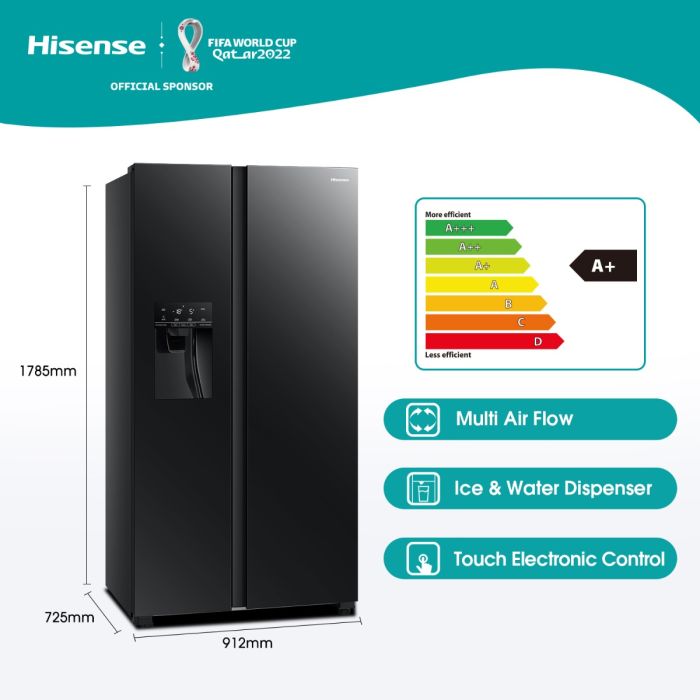 Hisense - 535L Black Glass Side by Side Fridge - H700SMI-IDL